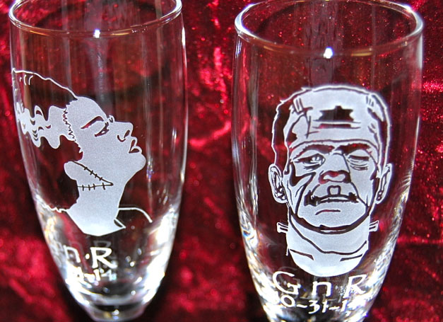 Clear Stem Personalized Engraved Sugar Skull Bride and Groom champagne flutes Black Stem Personalized Engraved Bride of Frankenstein and Frankenstein wedding glasses