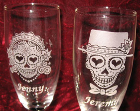 Personalized Engraved Sugar Skull Bride and Groom champagne glasses Black Stemmed Engraved Sugar Skull Bride and Groom