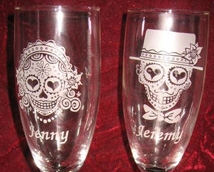 Personalized Engraved Mexican Sugar Skull Bride and Groom champagne glasses Engraved Mexican Sugar Skull Bride and Groom champagne flutes