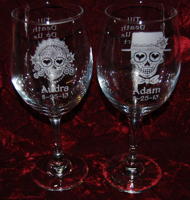 wine glasses Personalized Engraved Sugar Skull Bride and Grooms close up of Personalized Engraved Sugar Skull Bride and Groom wine glasses