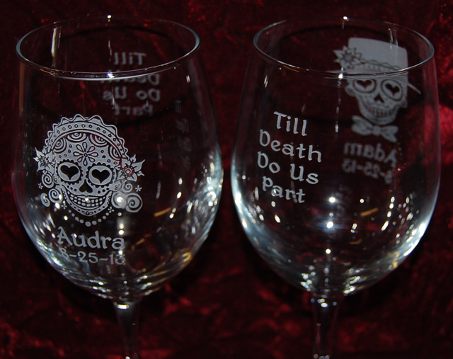 wine glasses Personalized and Engraved with Sugar Skull Bride and Groom Personalized Engraved Sugar Skull Bride and Groom wine glasses