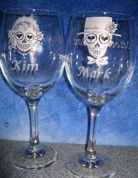 wine glasses Personalized Engraved with Sugar Skull Bride and Groom Personalized Engraved Sugar Skull Bride and Groom wine glasses