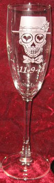Clear Stem Personalized Engraved Sugar Skull Bride and Groom champagne flutes Clear Stem Personalized Engraved Sugar Skull Bride and Groom wedding glasses