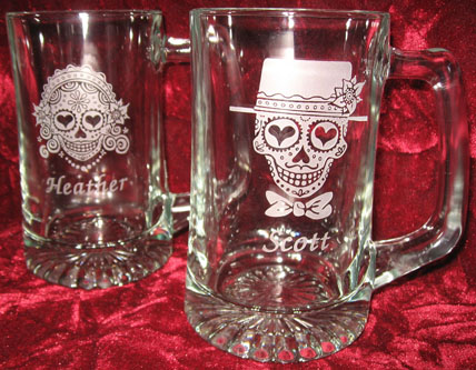 Personalized Engraved Sugar Skull Bride and Groom beer mugs Personalized Engraved Sugar Skull Bride and Groom beer mugs