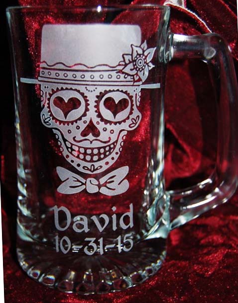 Personalized Engraved Sugar Skull Bride and Groom champagne beer mug Personalized Engraved Sugar Skull Bride and Groom beer mug